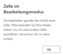 Benachrichtigungsmeldung, die besagt, dass die OfficeClient-Funktionalität im Bearbeitungsmodus für Excel-Zellen nicht verfügbar ist
