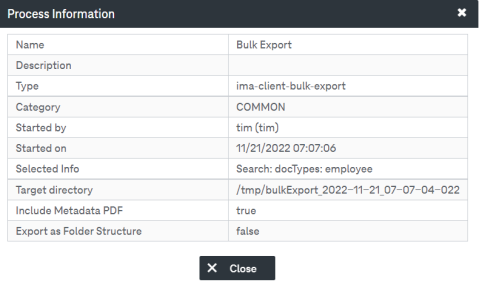 Compliance processes detailed information arrenged in a table with the button close in the bottom