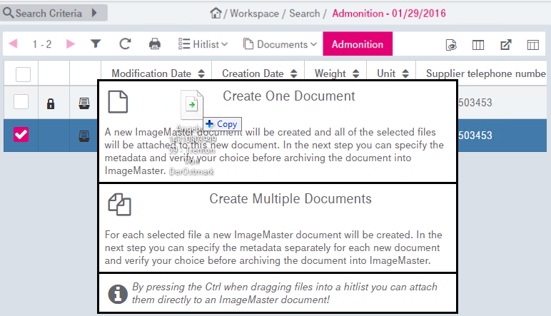 Drag and drop in the hit list with multiple drop areas. The upper area creates a single document with multiple attachments. The lower area creates multiple documents, one for each file being dropped from a multi-selection.