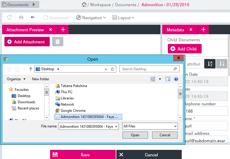 Click path when adding a new file in the  document view: First click "Edit". Then click "Add Attachment". Then select a file to upload in the dialog and click "Open".