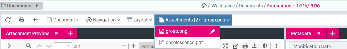 Expanded attachment list in the functional bar and primary attachment marker next to the first attachment in the list