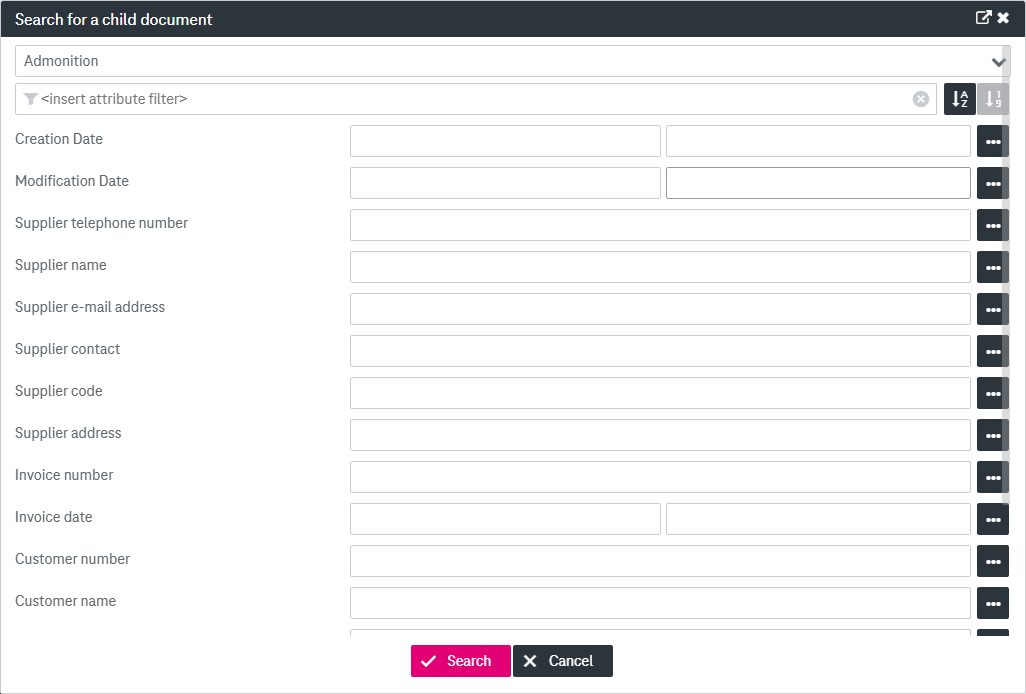 Search view to search over documents to select a child documents opened in an overlay window