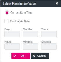 Dialog for selectiong placeholder for date/dateTime  attribute with selected option "current date" and manipulated date "plus 7 days" and "minus 10 month"