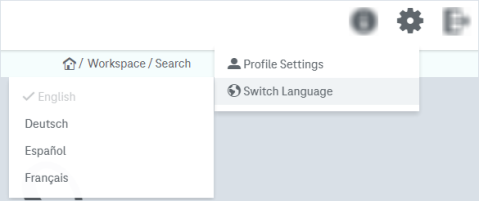 Expanded 'Settings' menu with selected "Switch Language" option on the right and language selection on the left with entries for the supported languages English, German, Spanish, French, Chinese (each in their native language) on the left