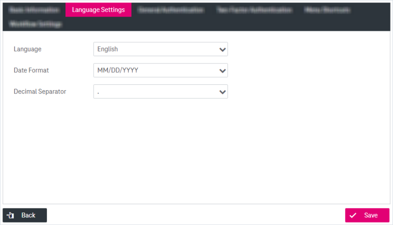 Language settings with fields for language, date format and decimal separator on the right and save button in the bottom