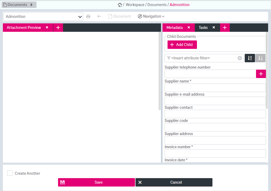 dialog with area to add attachents on the left and input fields for attribute values on the right