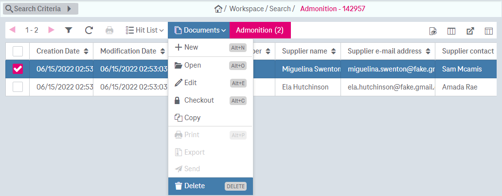 Function "Delete" in menu "Edit" located on top of the hit list, with one selected document in the hit list