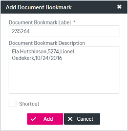 Document bookmark creation dialog with the following fields to be adjusted: doccument bookmark label, document bookmark description, box "Shortcut" and buttons Add and Cancel in the bottom