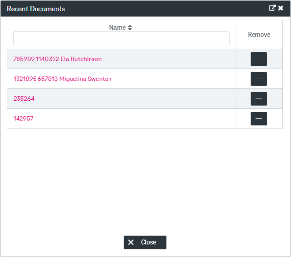 Example document history entries with numerical IDs, minus icons for each entry and "Close" button below