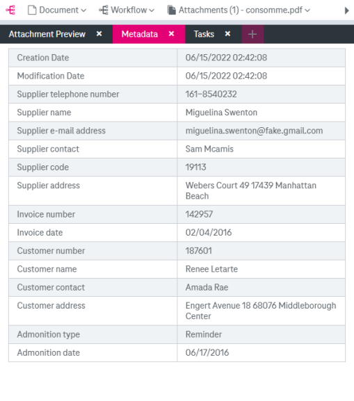 Document preview with the following elements displayed from top to bottom: document, workflow menus, attachment list, attachment preview panel, tabs for attachment preview, metadata (active) and tasks 