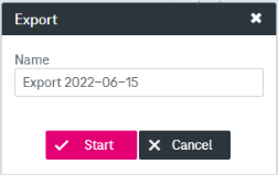 Export dialog with elements from top to pbootom: preset default name, checkbox to "Include attachments", buttons "Start" and "Cancel"