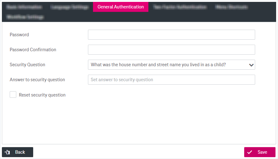 General Authentication selected on the left, which shows fields for password, password confirmation, security question and answer to security question on the right