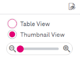 Expanded change view menu woth Options Table view and thumbnail view and the glider to change the scale of the thumbnails