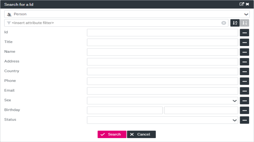 Search window with input fields for entering attributes and buttons "search" and "cancel" in the bottom