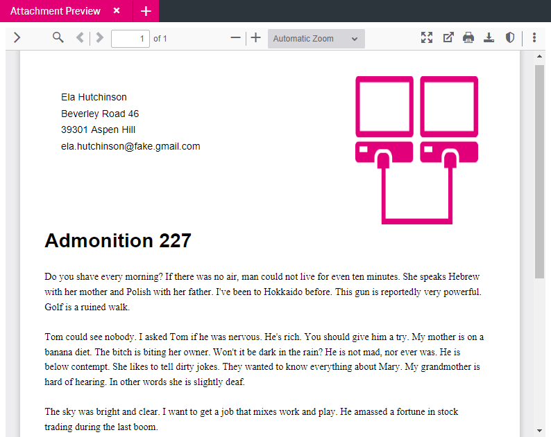 Preview of an invoice with further icons of the attachment view on top such as arrows to move between pages, the zoom level indicator, the printer icon, the download icon and the information icon