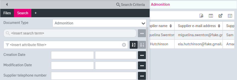 Search fields on the left with results in a hit list on the right