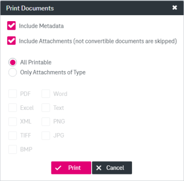 Elements from top to bottom: check box "Include Metadata"; check box "Include Attachments" with hint "not convertible documents are skipped"; choice via radio button "All printable" or "Only Attachments of Type"; list of file types to select from in case of printing only documents of specific types; buttons to print and cancel