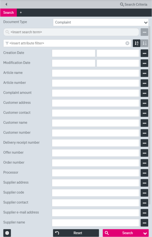 Search criteria panel with buttons for resetting and triggering the search, field for selecting document type, filtering field and  index search fields for specific attributes below