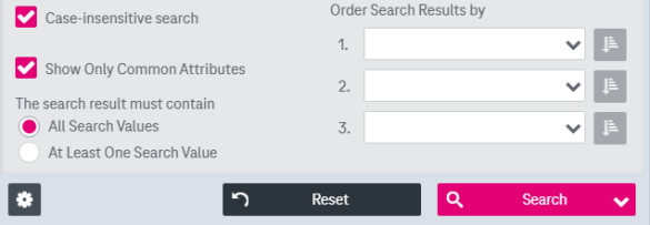 Activated check box for case-insensitive text search with active radio button "all search values" below. The alternative radio button "at least one search value" is not active. Three drop down fields are located on the right to select attributes for ordering the search results.