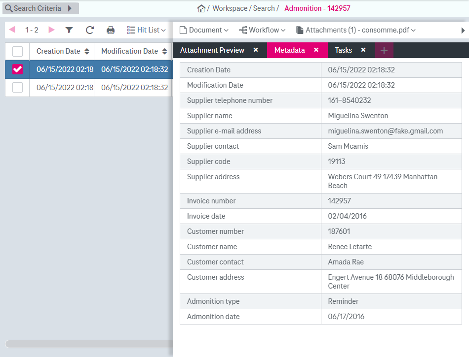 Open a panel via the link in the top left labelled "search criteria". View search results in the hit list in the left area. Open an item in the hit list to show the document preview in the right area.