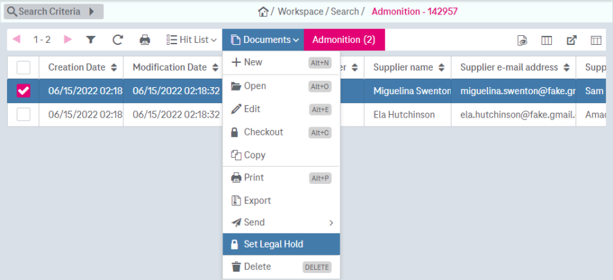 A marked entry in a hit list ovelain by the opened drop down menu "Documents" located on top that includes the entry "Set Legal Hold"