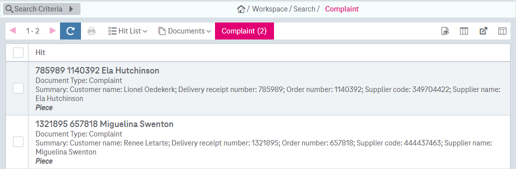 Result list of a full-text search with example snippets that represent some context for each hit based on document attributes and the document summary