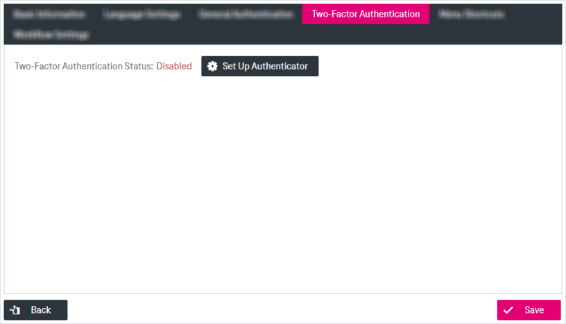 Two-Factor Authentication Status Disabled with button to "Set up Authenticator" located to the right and "Save" button below