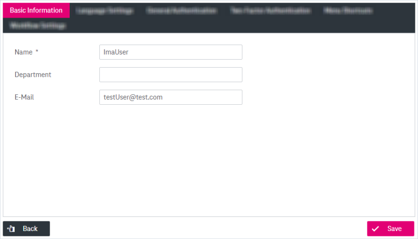 Mandatory input field for name; input field for department; input field for E-Mail; button "Save"