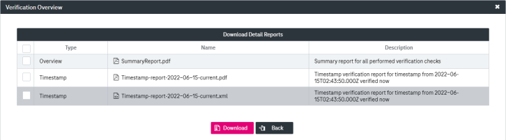 Download detailed report view in verification overview window with detailed information on report and buttons download and back.