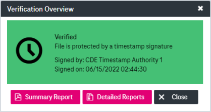 Verification overview report with the status verified on the green background and options: summary report, detailed report, and close.