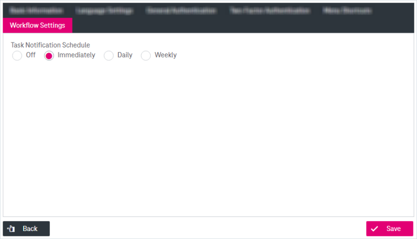 Workflow email notification settings with options for task notification schedule, buttons "save" and "back"