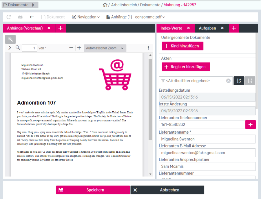 Links: Vorschau auf einen Anhang; rechts: zugehörige Attribute mit ihren Werten und dem Button "Register hinzufügen" darüber