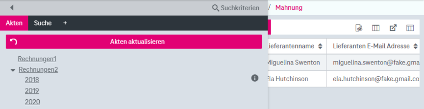 Aktenbaum linkerseits und Trefferliste rechts