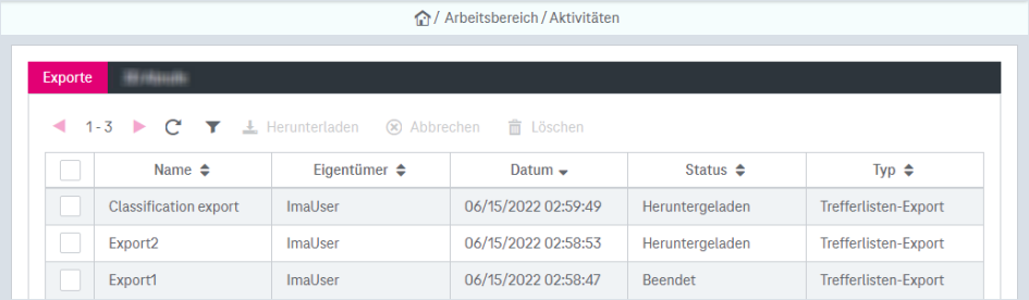 Liste mit einem Export-Eintrag, der Name, Eigentümer, Datum und Status anzeigt