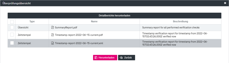 Detaillierte Berichtsansicht im Überprüfungsübersichtsfenster mit detaillierten Informationen und Schaltflächen zum Herunterladen von Berichten  und zurück.