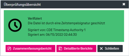 Überprüfungsübersichtsbericht mit dem Status, der auf dem grünen Hintergrund und den Optionen überprüft wurde: Zusammenfassungsbericht, detaillierter Bericht und Schließen.
