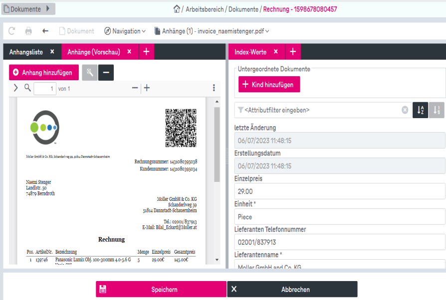 Editierbare Dokumentattribute im rechten unteren Bereich und Buttons zum Speichern oder Abbrechen unten