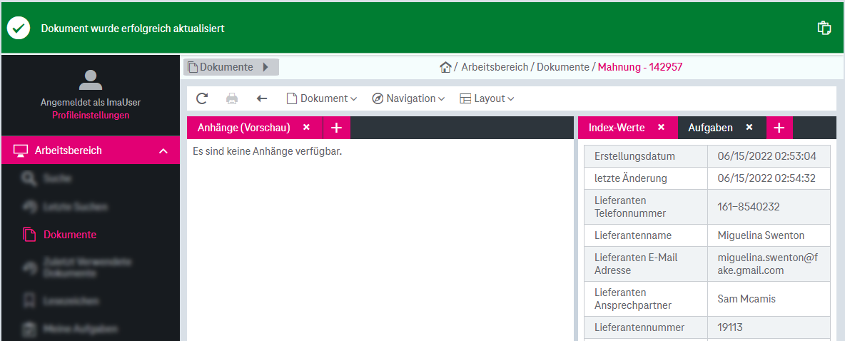 Dokumentenansicht, die zeigt, dass keine Anhänge verfügbar sind mit einer Erfolgsmeldung oben, dass das Dokument erfolgreich aktualisiert wurde