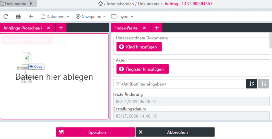 Drag and Drop Bereich, um neue Datein abzulegen mit Attributfeldern daneben