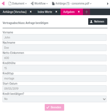 Dokumentenvorschau mit folgenden Elementen von oben nach unten: Funktionsmenüs und Registerkarten für eine Vorschau des Dokumentanhangs, Indexwerte (ausgewählt) und Aufgaben