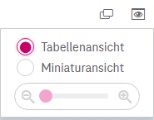 Erweitertes Ansichtsänderungsmenü mit Optionen Tabellenansicht und Miniaturansicht und dem Gleiter zum Ändern der Größe der Miniaturansichten
