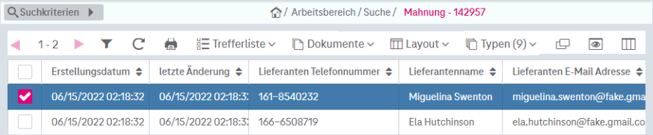 Elemente im oberen Bereich einer Trefferliste von links nach rechts: Dreiecke nach links und rechts, um zwischen Seiten zu blättern; mehrere Aktionsmöglichkeiten nebeneinander, darunter: "Typen" um zwischen Trefferlisten von Dokumenttypen zu wechseln; Aktion "Spalten" ganz rechts zum Ein- und Ausblenden von Spalten; unter den Aktionen: Kopfzellen zu jeder Spalte zum Sortieren und Filtern