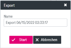 Export Dialog mit folgenden Elementen von oben nach unten: Eingabefeld mit vorbelegtem Namen, Ankreuzkästchen "Anhänge einfügen", Buttons zum Start und Abbrechen
