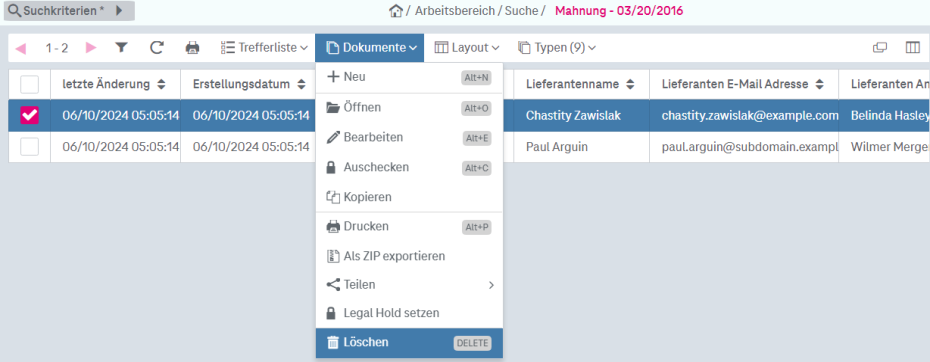 Funktion "Löschen" im Menü "Dokumente" oberhalb der Trefferliste mit einem selektierten Dokument in der Trefferliste