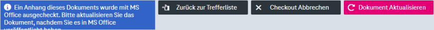 Benachrichtigungsnachricht nach erfolgreichem Auschecken in MS Office mit den Schaltflächen Checkout abbrechen und Dokument aktualisieren