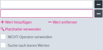 Ein Suchfeld, das über "Wert hinzufügen" erweitert wurde um ein zweites Eingabefeld darunter, was durch "Wert entfernen" wieder rückgängig gemacht werden kann.