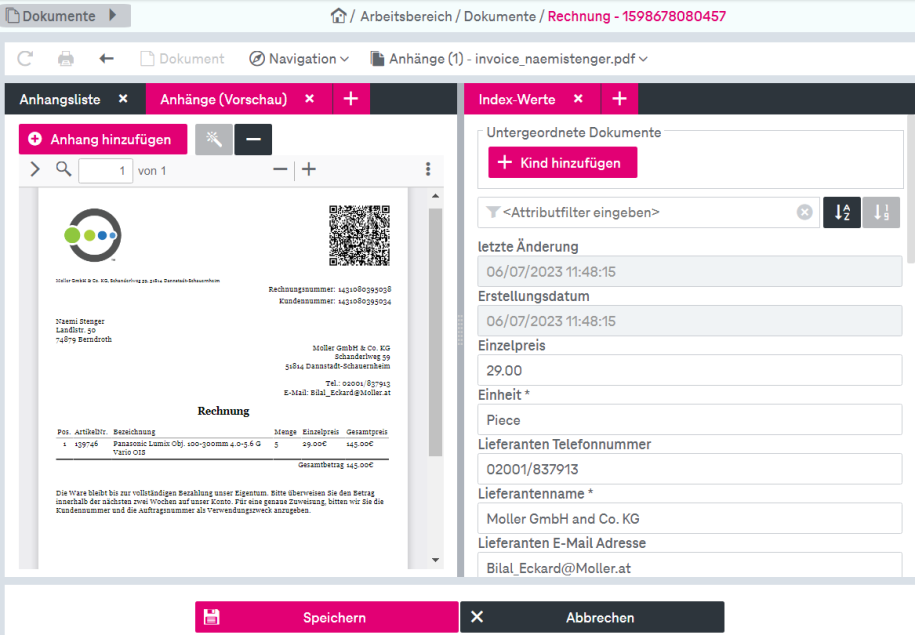 Links: Vorschau des Anhangs; rechts: zugehörige Attribute mit ihren Werten und der Schaltfläche "Kind hinzufügen" oben.