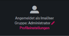 Information mit Anwendername "Angemeldet als imaUser" und mit zugewiesener Gruppe oben, mit Link "Profileinstellungen" darunter