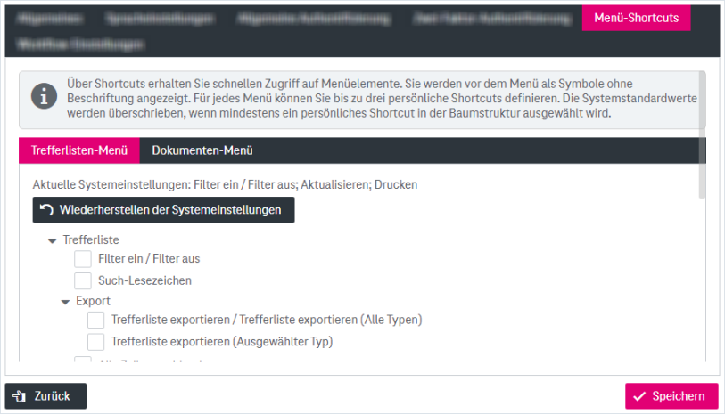 Reduzierte "Trefferlisten-Menüs" und "Dokument-Menüs" für die Konfiguration von Verknüpfungen, Schaltfläche "Speichern"