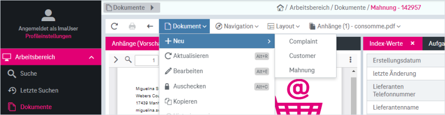 Arbeitsbereich für Dokumente mit Pulldown-Menü "Dokument" und Menüpunkt "Neu" mit verfügbaren Dokumenttypen
